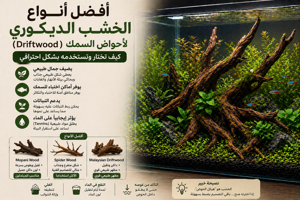 أفضل أنواع الخشب الديكوري (Driftwood) لأحواض السمك: كيف تختار وتستخدمه بشكل احترافي