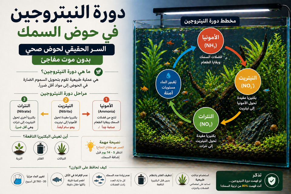 دورة النيتروجين في حوض السمك (شرح مبسط): السر الحقيقي لحوض صحي بدون موت مفاجئ