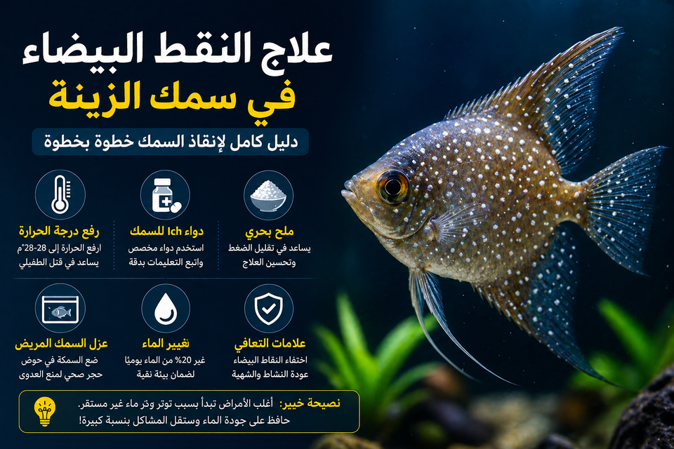 علاج النقط البيضاء في سمك الزينة (Ich): دليل كامل لإنقاذ السمك خطوة بخطوة