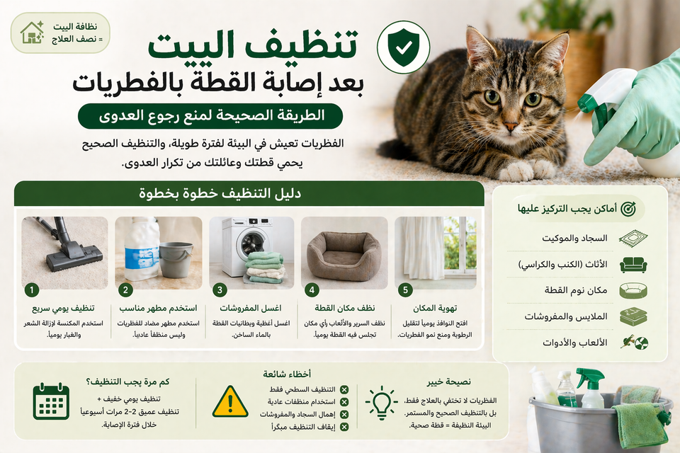 تنظيف البيت بعد إصابة القطة بالفطريات