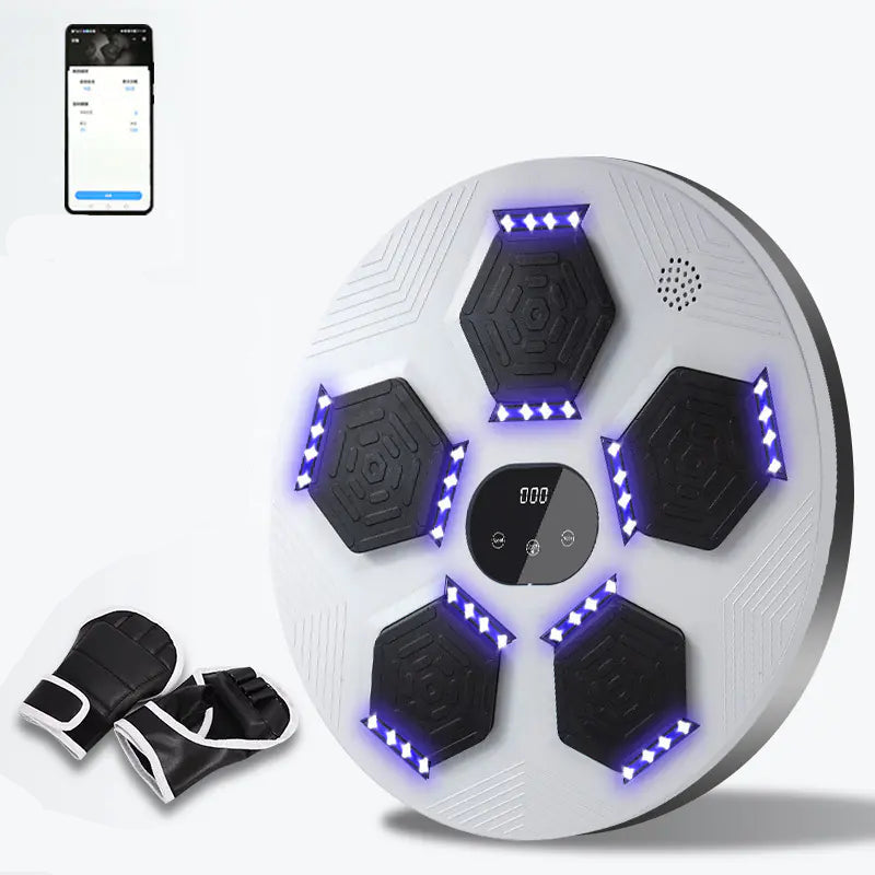 White exercise ball with black hexagonal nodes and blue lights, accompanied by black gloves on a white background.