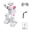 Pink and white robot toy with remote control, USB cable, and manual on a white background