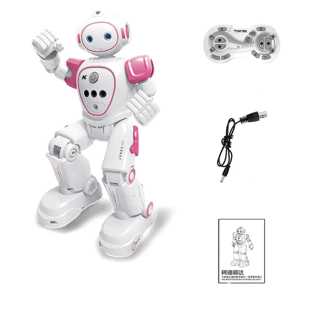 Pink and white robot toy with remote control, USB cable, and manual on a white background