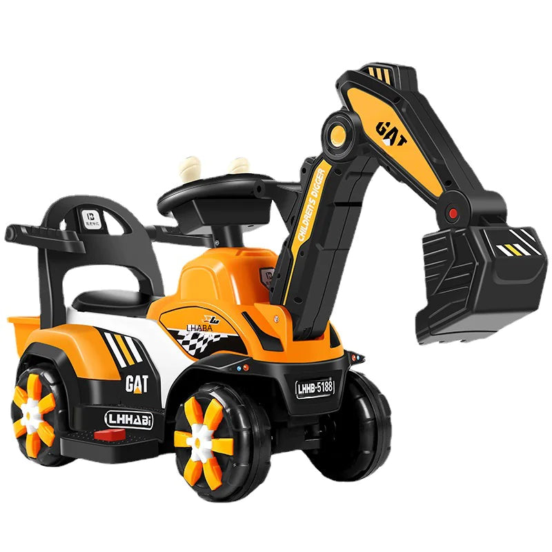 Toy excavator with orange and black color scheme on a white background