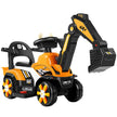 Toy excavator with orange and black color scheme on a white background