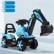 Toy excavator with blue and black design on a light gray background