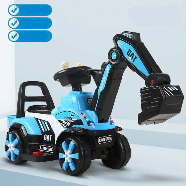 Toy excavator with blue and black design on a light gray background