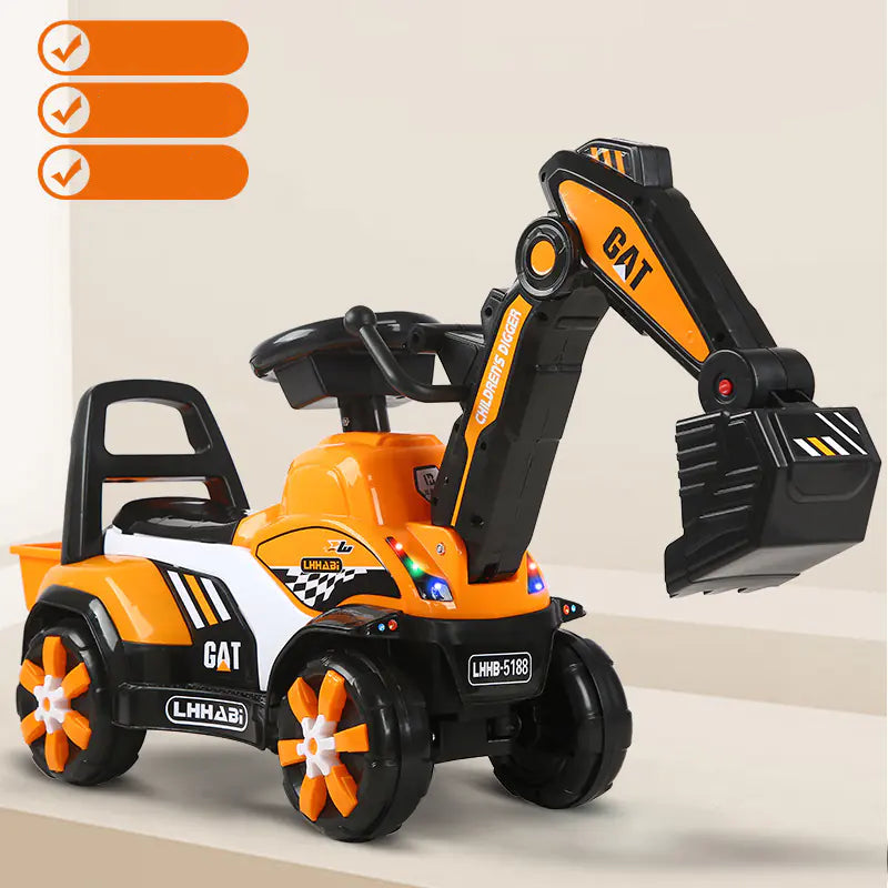 Toy excavator with orange and black colors on a beige background