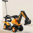 Children's toy excavator with orange and black design on a light background