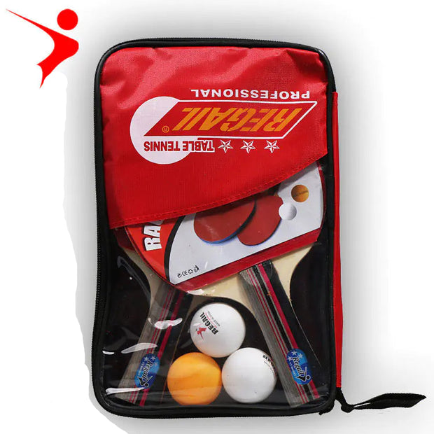 Red table tennis bag with paddles and balls on a white background