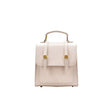Small beige handbag with gold accents on a white background