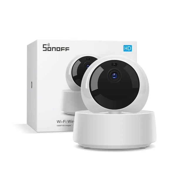 Two white Sonoff HD Wi-Fi security cameras with a clear background