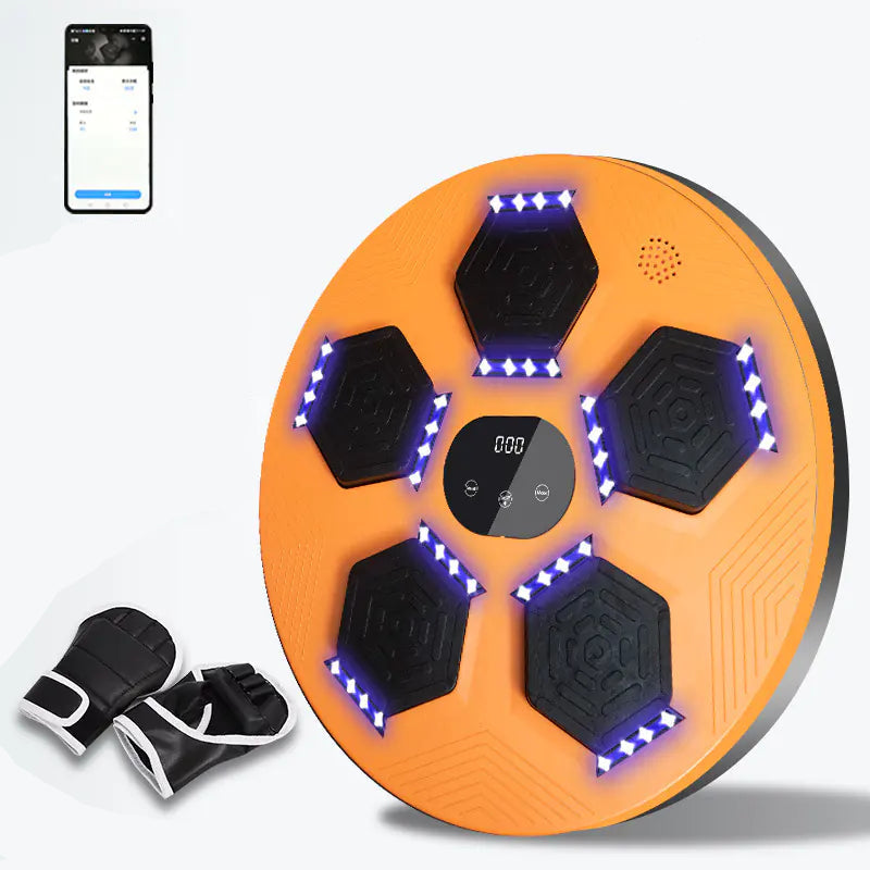 Orange exercise board with black hexagonal pads and LED lights, accompanied by boxing gloves on a white background.