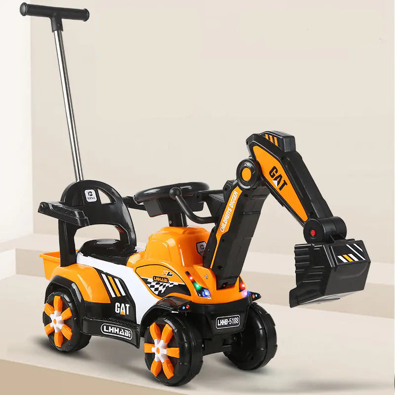 Children's toy excavator with orange and black colors on a beige background