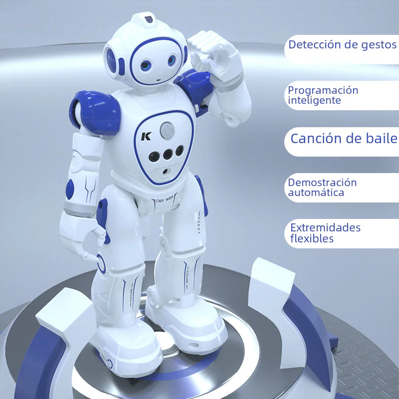 White and blue robot on a gray platform with text in Spanish about robot features.
