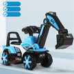 Toy excavator with blue and black design on a light gray background