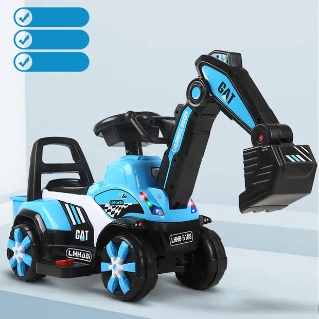 Toy excavator with blue and black design on a light gray background