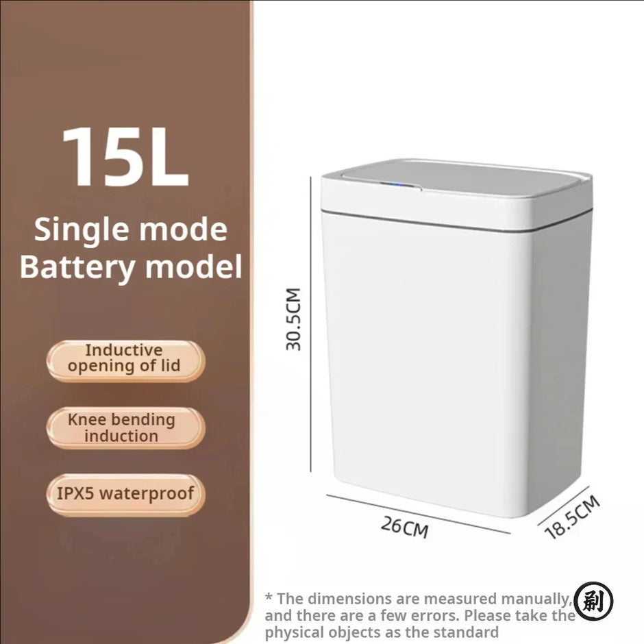 White trash bin with dimensions and features on a brown and white background