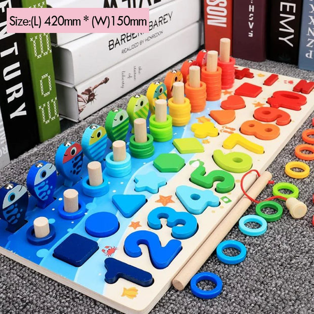 Colorful educational toy with numbers and shapes on a board, placed on a textured surface.
