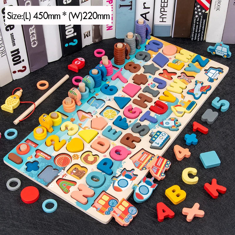 Colorful wooden puzzle with letters and numbers on a dark surface