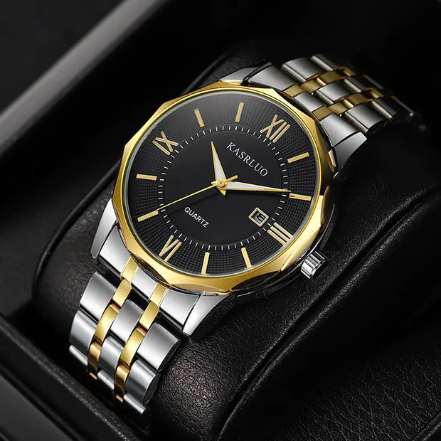 Luxury watch with gold and silver band on a black background