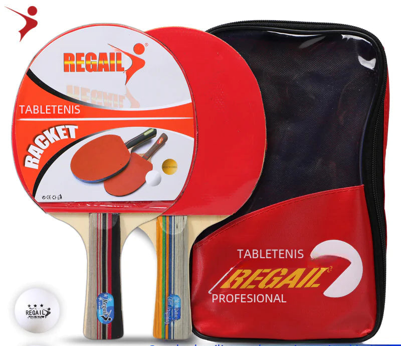 Two table tennis rackets with a carrying case and balls on a white background, featuring the Regail brand.