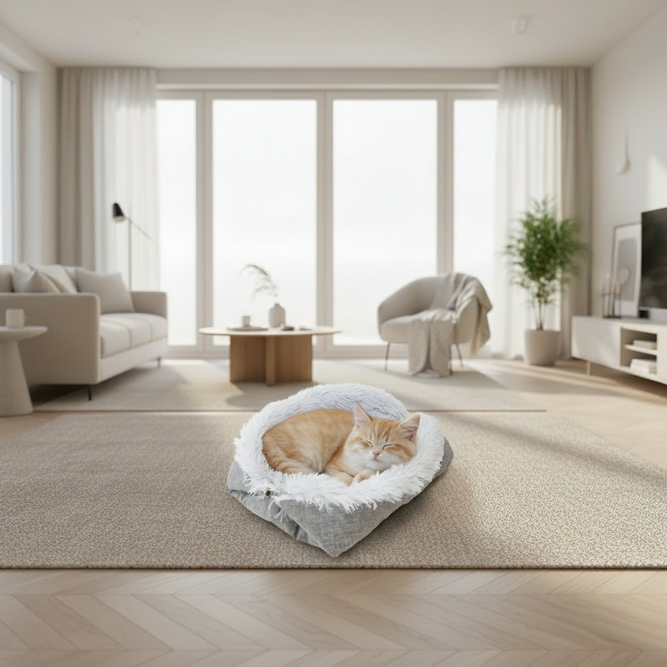 Fluffy pet bed with gray exterior and white interior on a white background