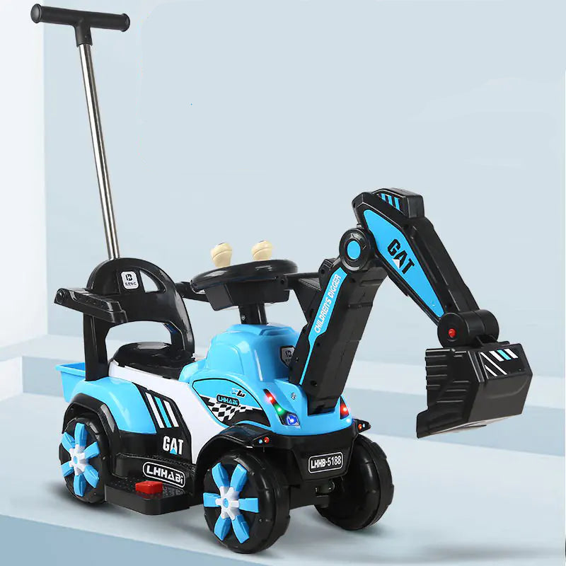 Children's toy excavator with push handle and LED lights on a light blue background