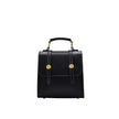 Black leather handbag with gold buttons on a white background