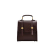 Brown leather backpack with gold accents on a white background