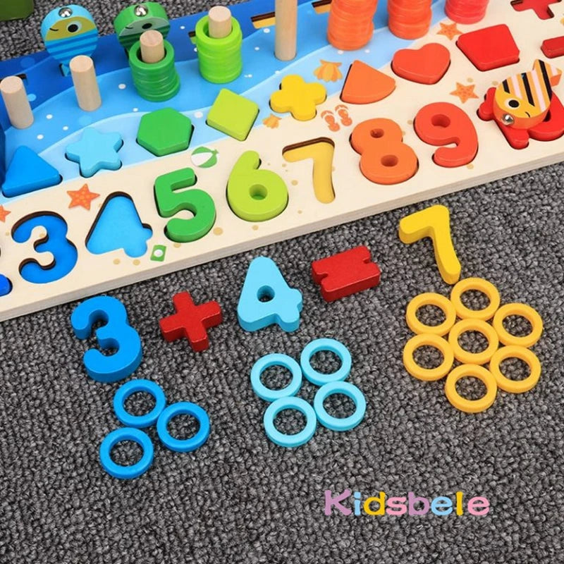 Colorful educational toys with numbers and shapes on a textured surface, featuring the brand 'Kidsbelie'.