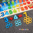 Colorful educational toys with numbers and shapes on a textured surface, featuring the brand 'Kidsbelie'.
