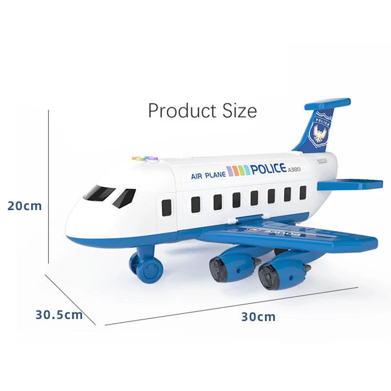 Toy police airplane with dimensions on a white background
