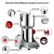 Stainless steel grain grinder with labeled parts on a white background