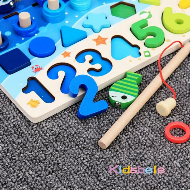 Wooden educational toy with numbers and shapes on a textured surface, featuring the brand 'Kidsbelie'.