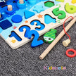 Wooden educational toy with numbers and shapes on a textured surface, featuring the brand 'Kidsbelie'.