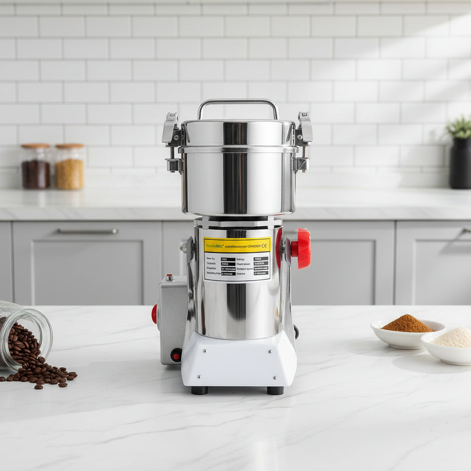 High-speed grinder with ingredients and products on a table