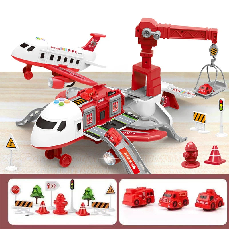Toy fire station with airplane, crane, and accessories on a wooden surface.