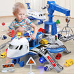 Child playing with a toy airport set on a wooden floor