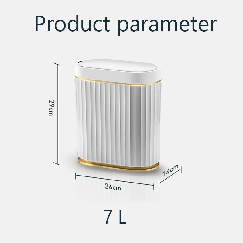 White cylindrical container with gold accents and dimensions on a white background