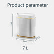 White cylindrical container with gold accents and dimensions on a white background