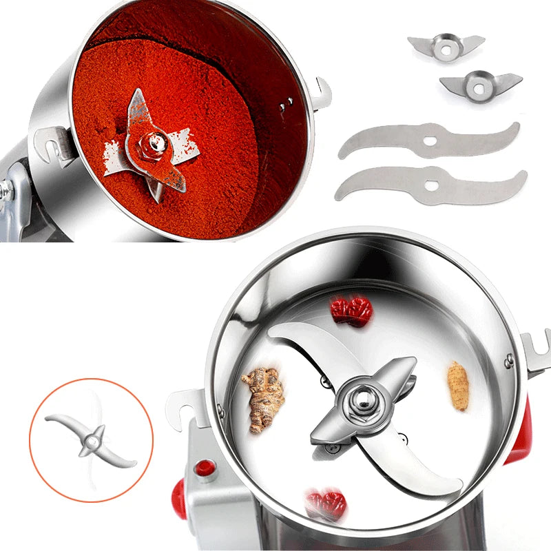 Blender with red interior and silver blades, showing different blade attachments on a white background.