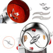 Blender with red interior and silver blades, showing different blade attachments on a white background.