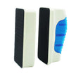 Pair of white cleaning sponges with black bristle side and blue textured side on a white background