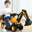 Child sitting on a toy excavator with 'CAT' branding indoors.