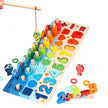 Colorful wooden fishing game with numbers and shapes on a white background