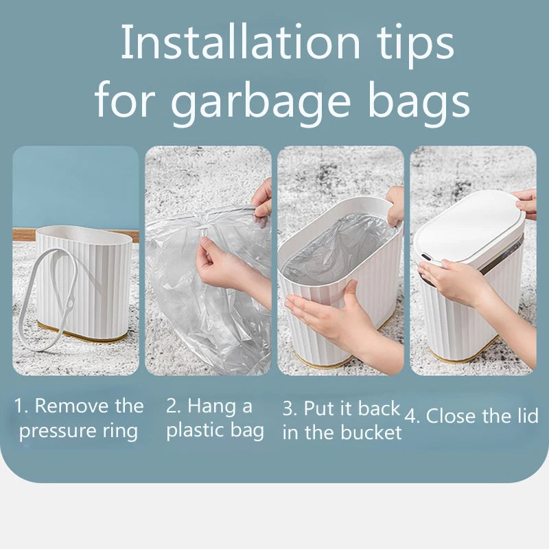 Step-by-step guide on how to install garbage bags with text overlay.
