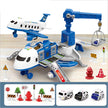 Toy airplane set with airport terminal, planes, and accessories on a light brown surface.
