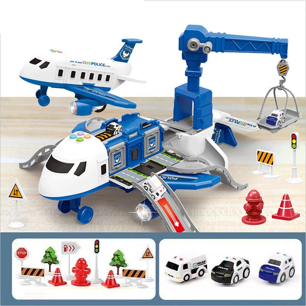Toy airplane set with airport terminal, planes, and accessories on a light brown surface.
