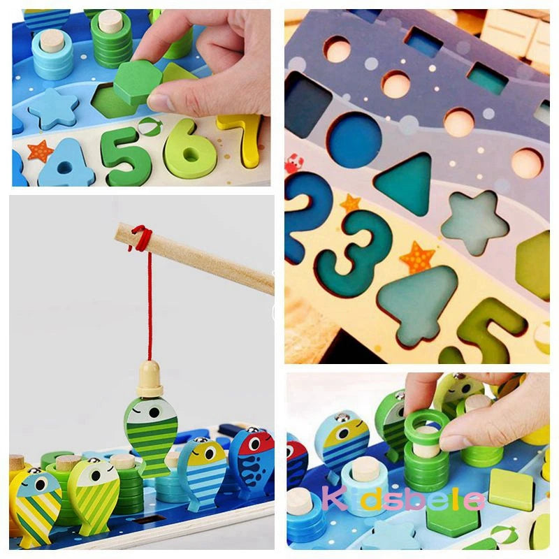 Collage of children's educational toys including a fishing game and shape sorter.